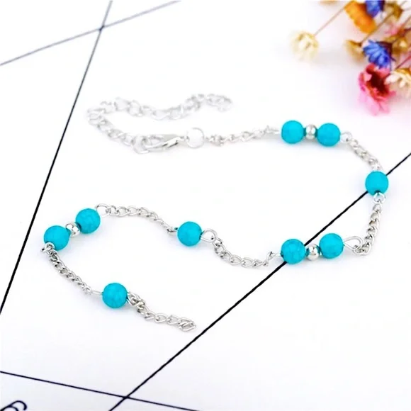 💜10/$25💜NEW Turquoise & Silver Beaded Bohemian Anklet - Picture 8 of 8